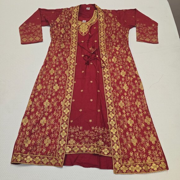 Red and Gold Desi Traditional Wear Salwar Kameez W Embroidered Jacket Size XL - Picture 2 of 8